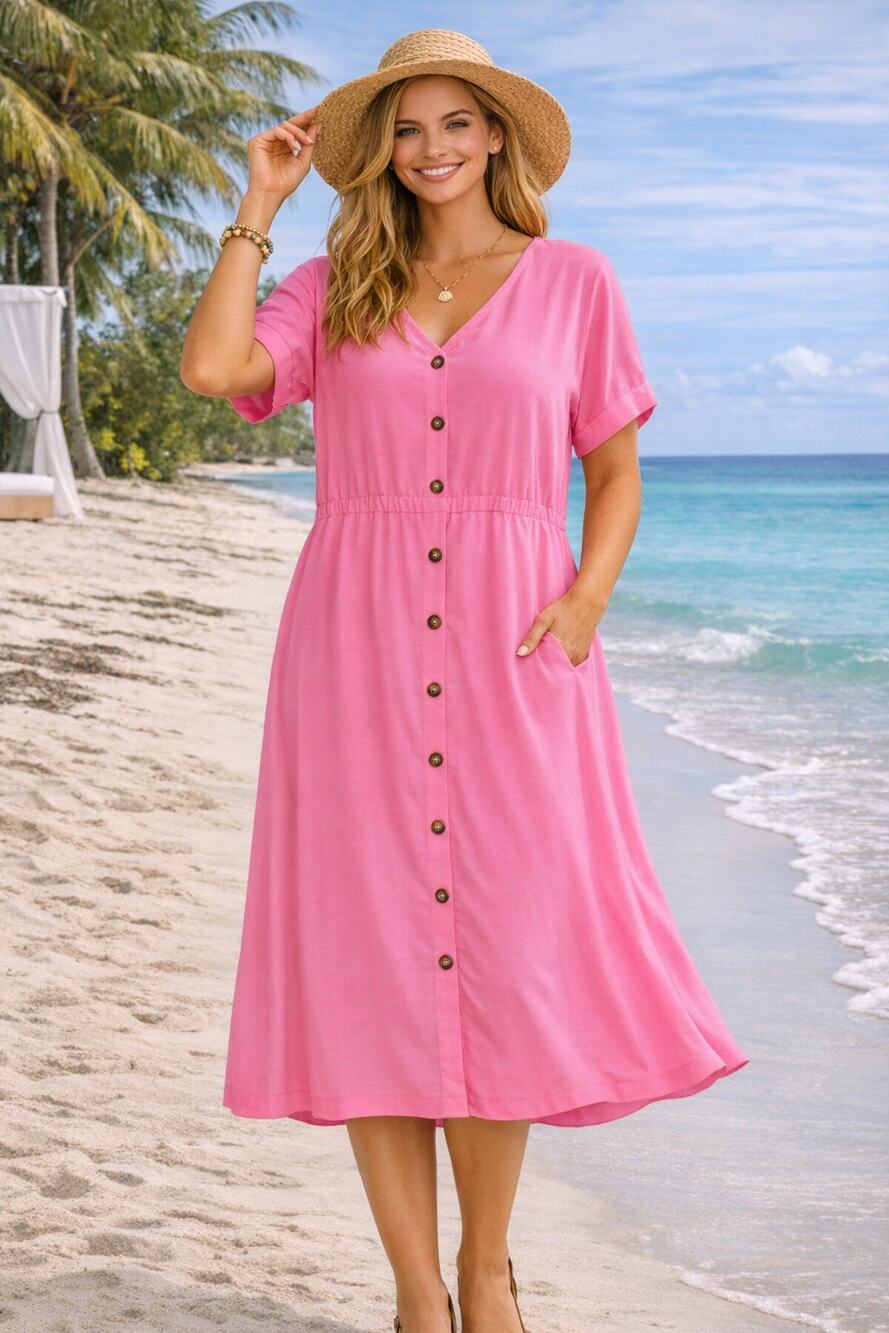 NWT House of Bruar Linen Blend Midi Dress UK Sz 18 Candyfloss Pink US Sz 14